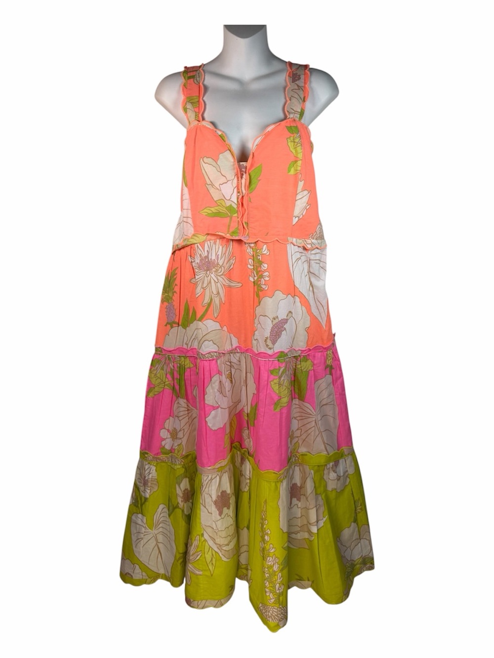 FARM Rio Coral Pink Lime Floral Tiered Midi Dress